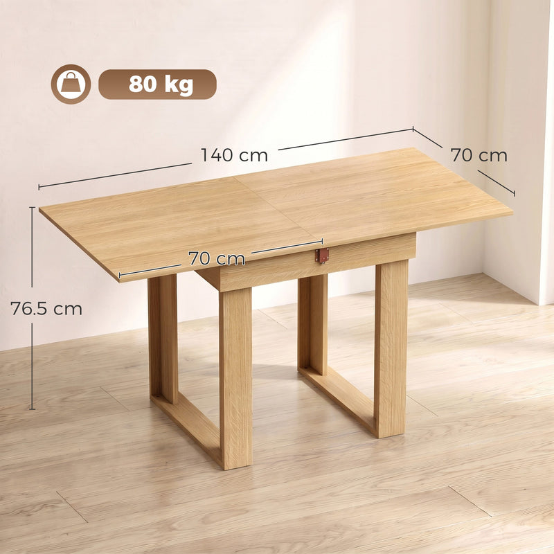 Dimension diagram of the oak effect folding table showing 140 x 70 x 76.5 cm expanded size