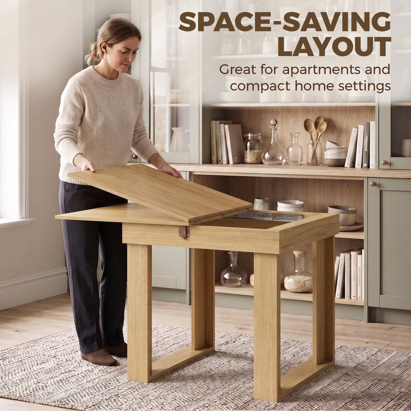 Oak effect folding table with one leaf lifted to show the hidden under-table storage cubby