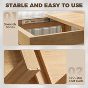 Close-up of the oak effect table's smooth slide rail and non-slip foot pad