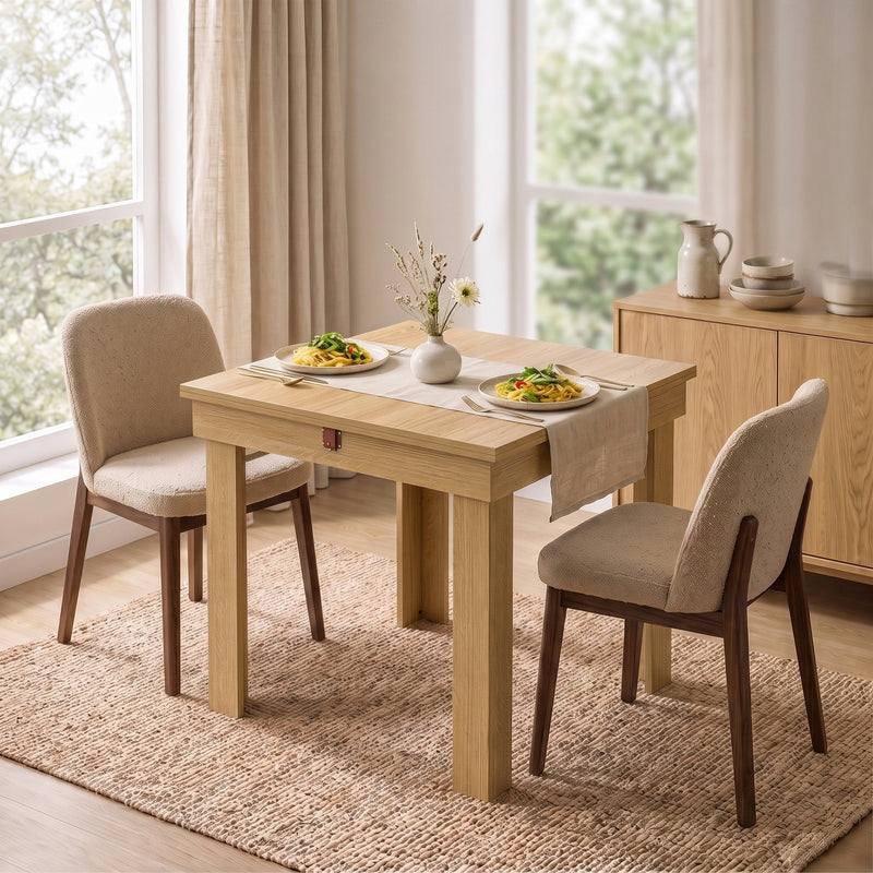 Oak effect folding table folded down for a compact two-person breakfast setting