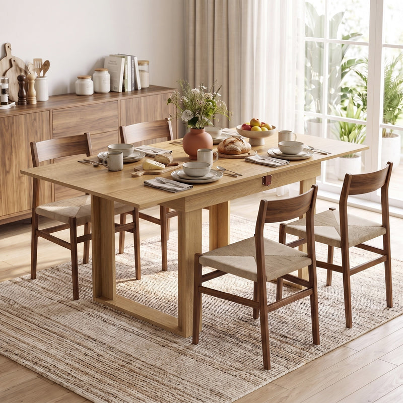 Oak effect folding table fully expanded for a family breakfast