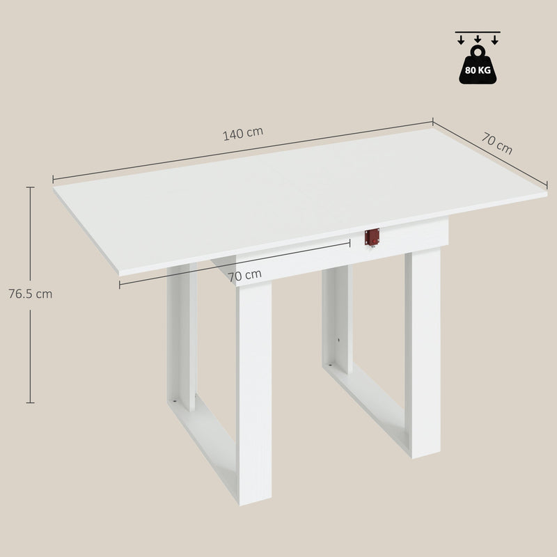 Dimension diagram showing the table at 140 cm long, 70 cm deep and 76.5 cm high with an 80 kg weight capacity