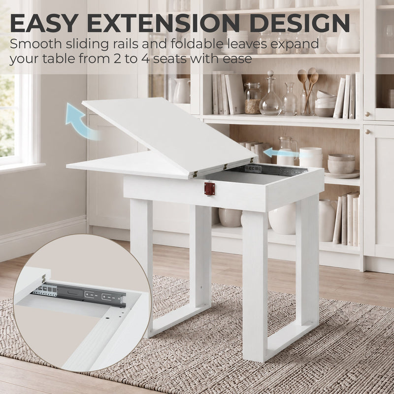 Table leaf lifting open to reveal the hidden storage cubby and sliding rail mechanism