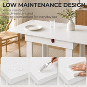 Water droplets, a fork scratch test and a cloth wipe demonstrating the water and scratch resistant tabletop