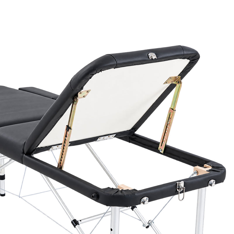 Backrest raised on its adjustable supports beneath the black padded top