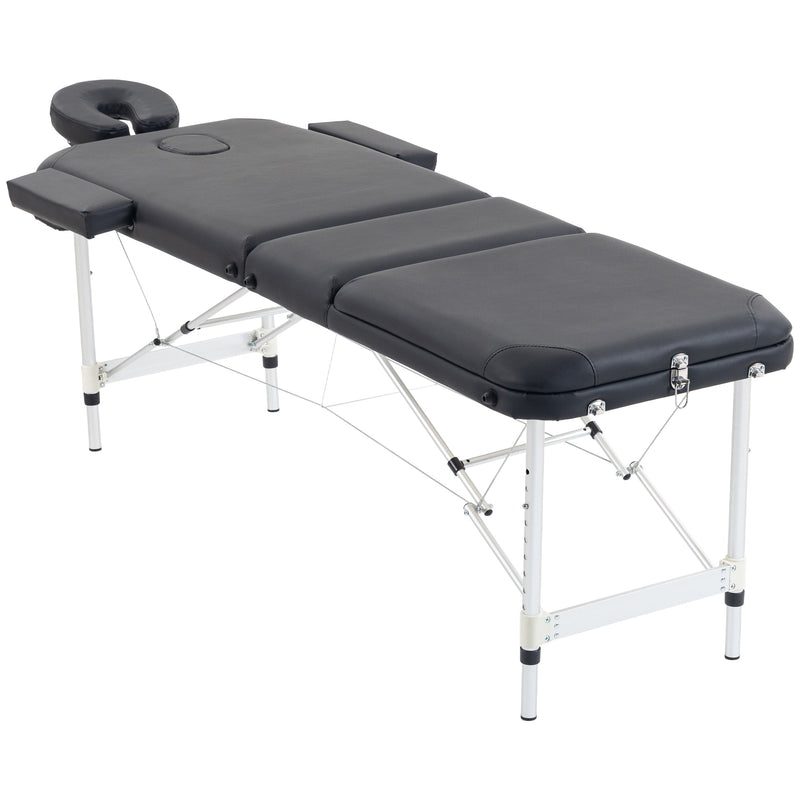 Black 3-section aluminium massage table with face cradle and armrests