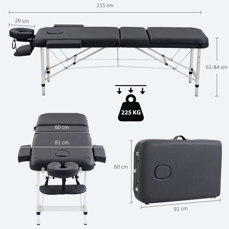 Dimensions diagram showing 215 cm length, 61-84 cm height, 60 cm and 81 cm widths and folded size