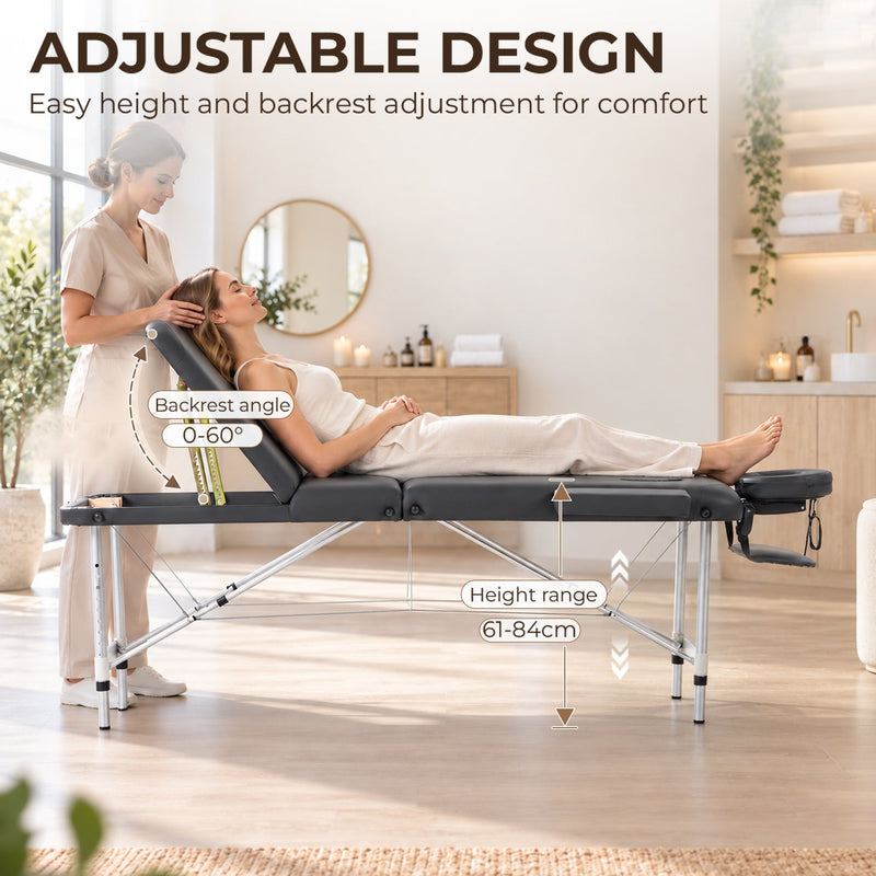 Table in use showing backrest angle of 0-60° and height range of 61-84 cm