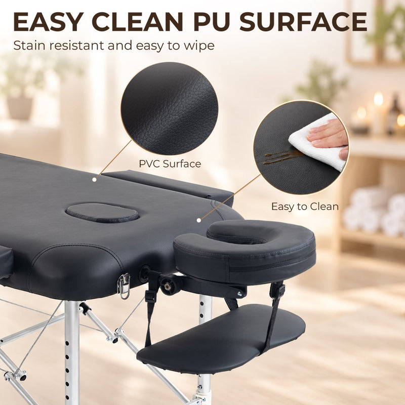 Close-up of the easy-clean black surface, face cradle and arm support