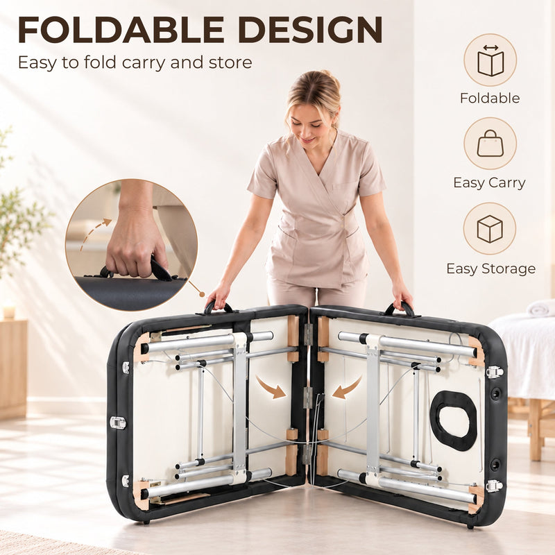 Therapist carrying the folded table by its side handle, with locking clasps