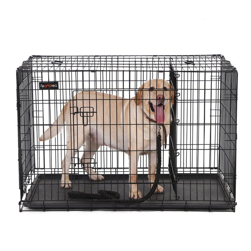 Black folding metal dog crate with a Labrador standing inside, shown on a white background