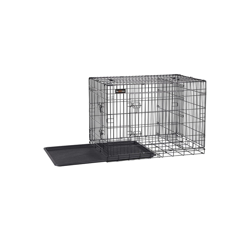 Empty black metal dog crate with the plastic tray slid out of the base