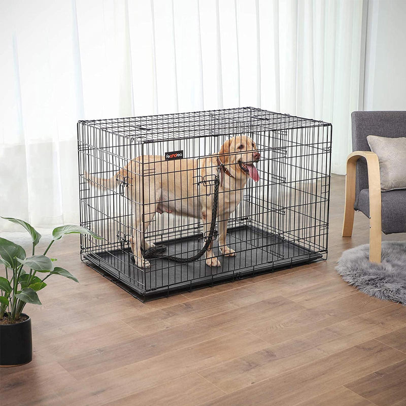 Black metal dog crate with a Labrador inside, set in a living room beside an armchair