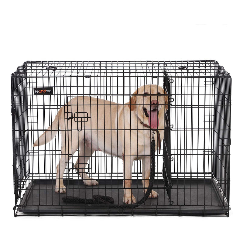 Front view of the black dog crate with a Labrador standing inside and the end door open