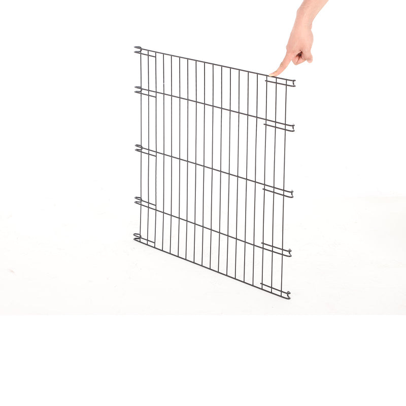 A single metal wire crate panel held up by hand, showing the hinge hooks along its edges
