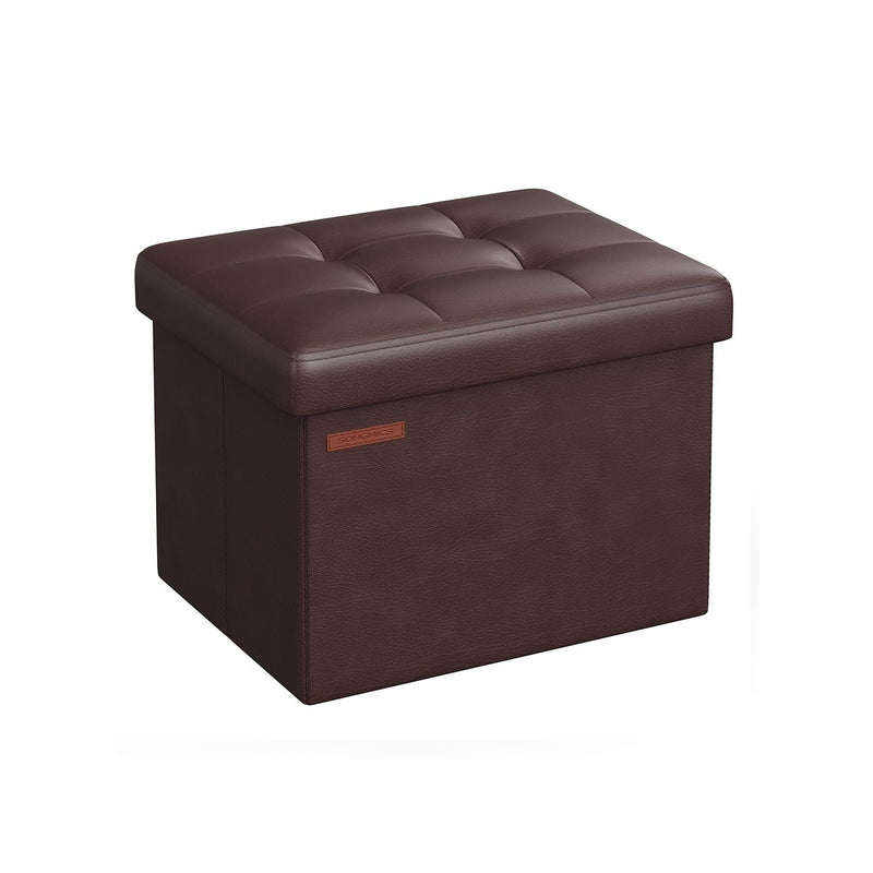 Chestnut brown folding footstool with a tufted lid on a plain background