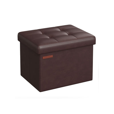 Chestnut brown folding footstool with a tufted lid on a plain background