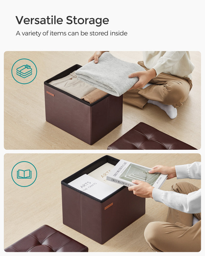 Cushions and reading material being placed inside the open brown footstool