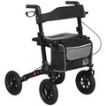 Black folding rollator walker with padded seat and storage bag, studio shot