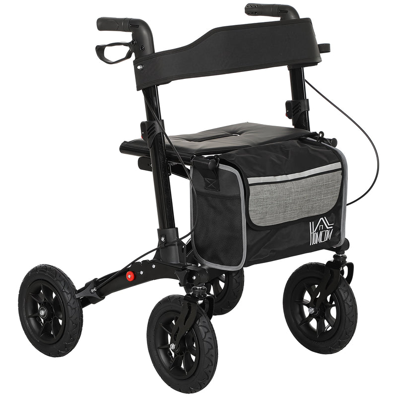 Black folding rollator walker with padded seat and storage bag, studio shot