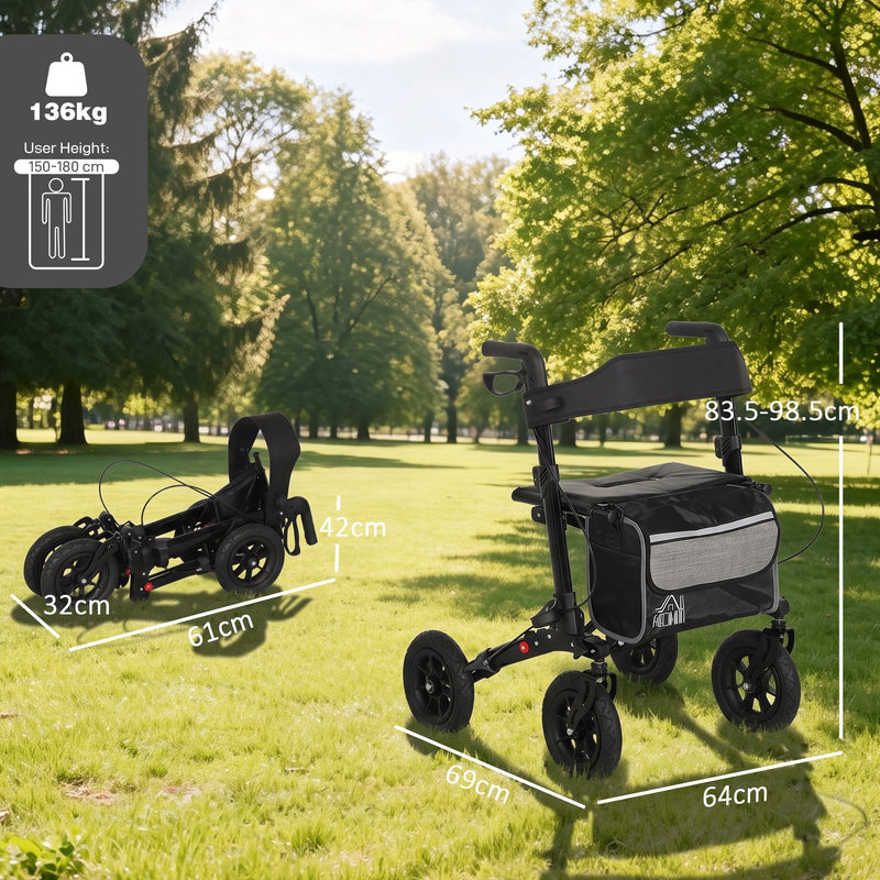 Dimension diagram showing unfolded and folded sizes, 136 kg weight capacity and 150-180 cm suitable user height