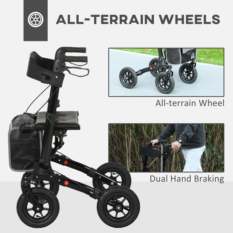 Close-up of the all-terrain wheels and dual hand brake levers