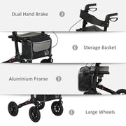 Close-up montage of the hand brake, storage basket, aluminium frame and large wheels