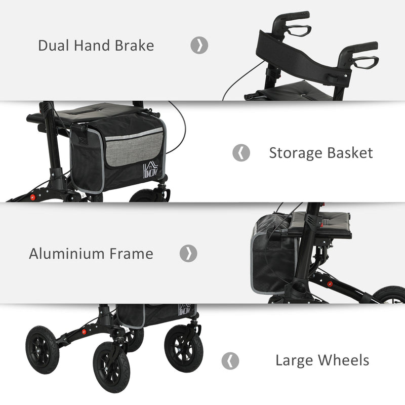 Close-up montage of the hand brake, storage basket, aluminium frame and large wheels