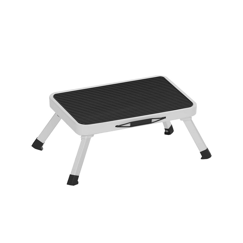 White folding step stool with a black anti-slip rubber platform, studio shot