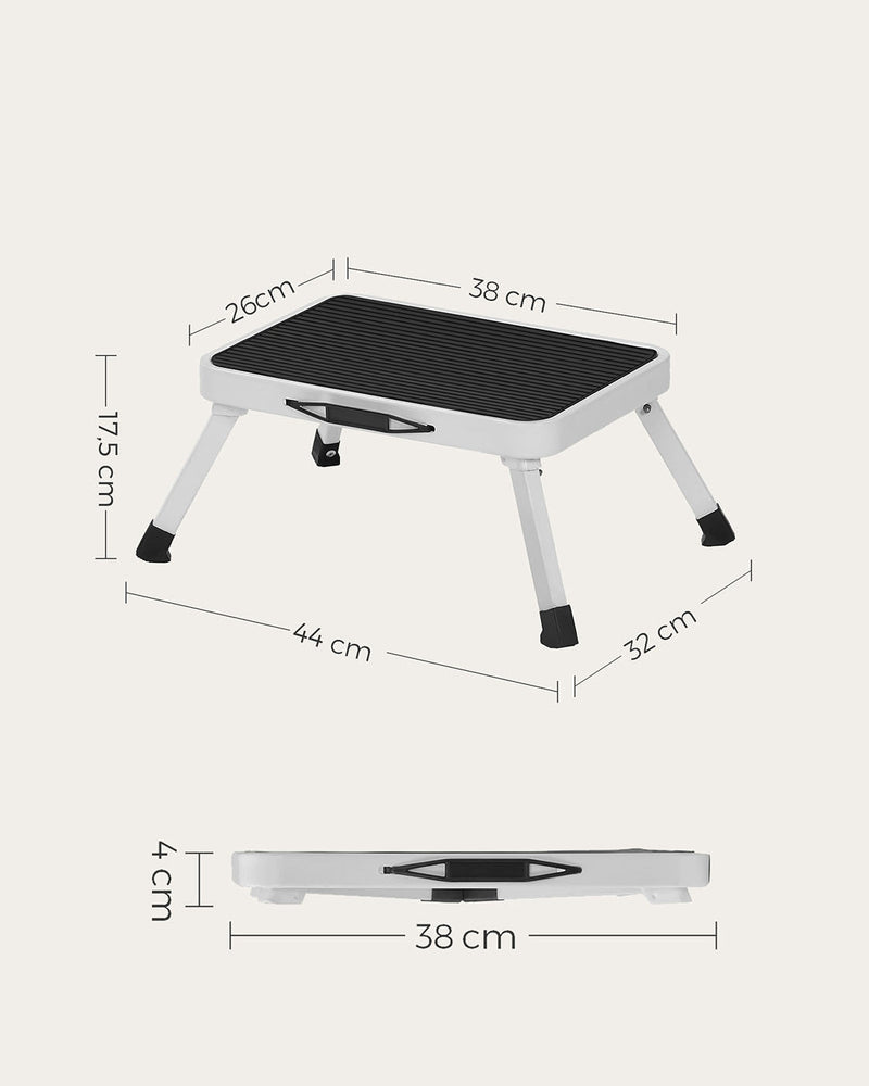 Dimensions diagram showing 17.5 cm step height, 44 x 32 cm open and 4 cm folded