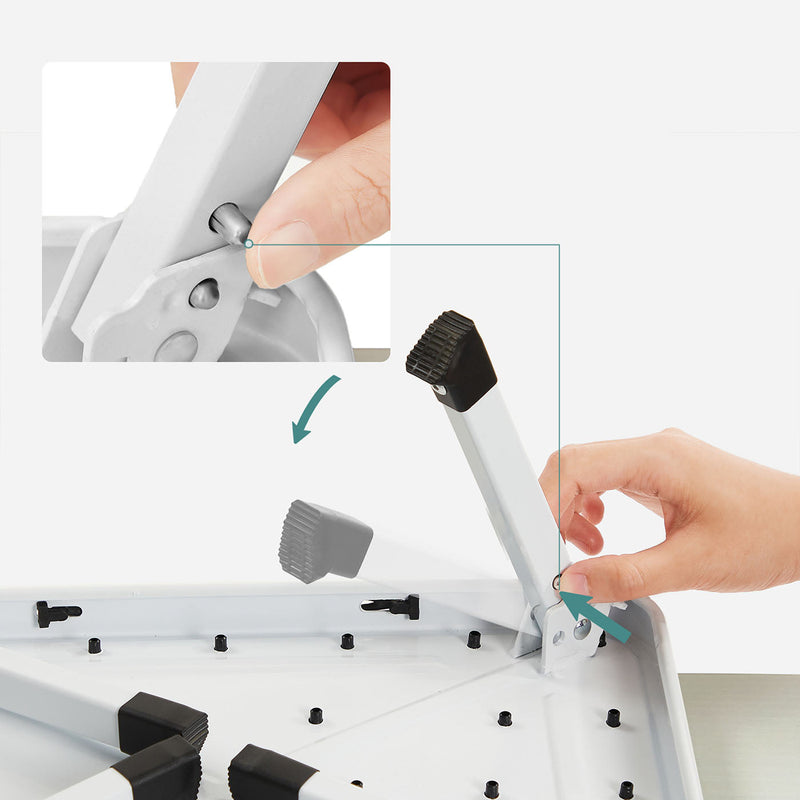 Close-up of a rubber foot cap being fitted to the step stool leg