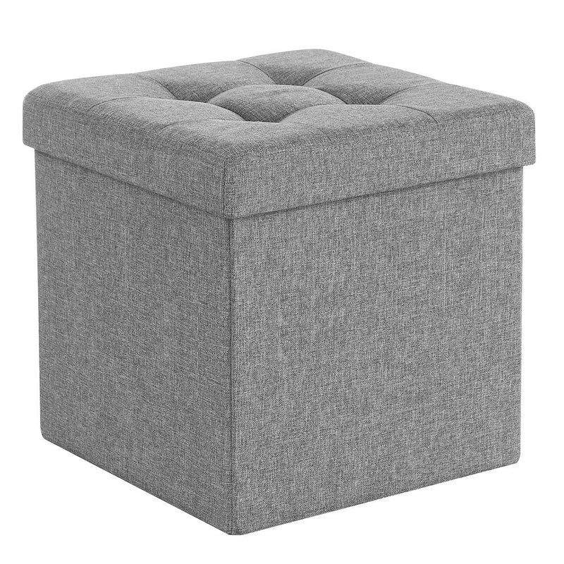 Light grey linen look ottoman cube with the lid in place on a plain background