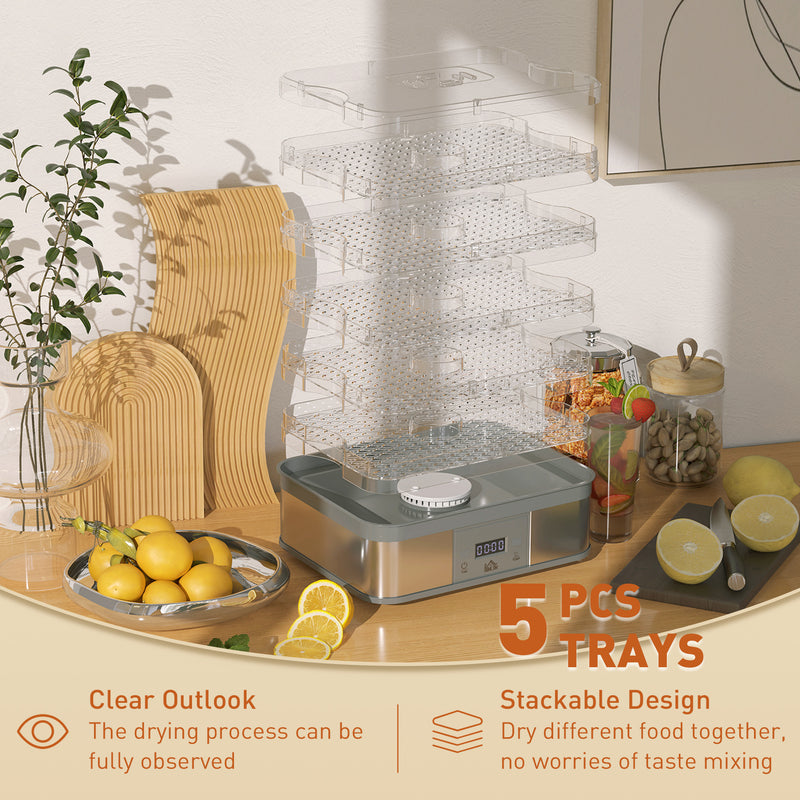 5 Tier Stainless Steel Food Dehydrator with Timer and LCD for Fruit and Jerky Grey