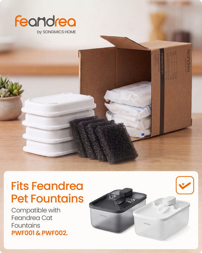 Open box of filters and sponges marked as fitting Feandrea PWF001 and PWF002 fountains