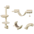 Four wall-mounted cat furniture pieces: platform with hammock, ladder bridge, curved scratcher and perch