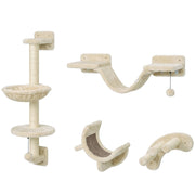 Four wall-mounted cat furniture pieces: platform with hammock, ladder bridge, curved scratcher and perch
