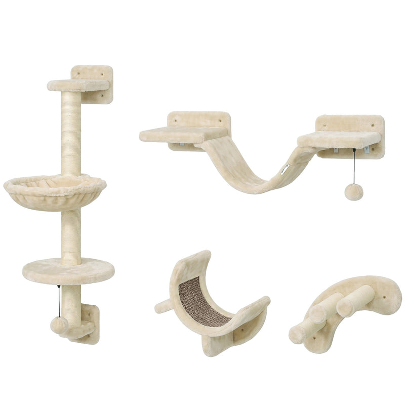 Four wall-mounted cat furniture pieces: platform with hammock, ladder bridge, curved scratcher and perch