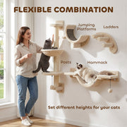 Cats climbing and relaxing on the beige wall-mounted cat furniture set