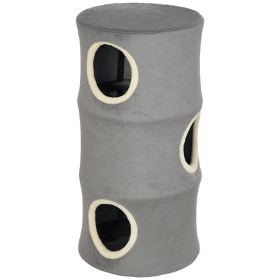 PawHut four-tier cat tower in grey plush with three round entry holes, studio shot