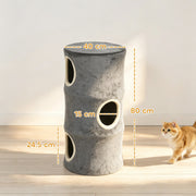 Dimension diagram showing the cat tower at 40 cm wide, 80 cm tall with 15 cm door openings and 24.5 cm tier height