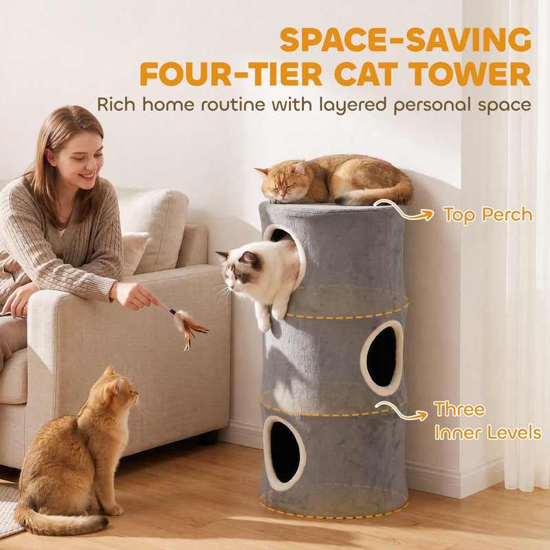 Labelled graphic showing the top perch and three connected inner levels of the four-tier cat tower
