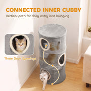 Close-up of a kitten inside a plush-lined door opening, showing the connected path between tower levels