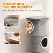 Close-up of the particleboard base and 40 cm diameter, with a cat looking out of the top hole