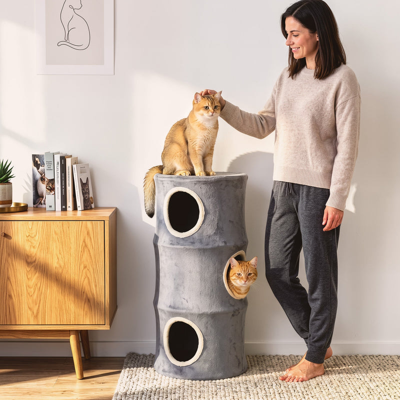 Woman petting a cat on top of the tower, showing its height against an adult standing beside it
