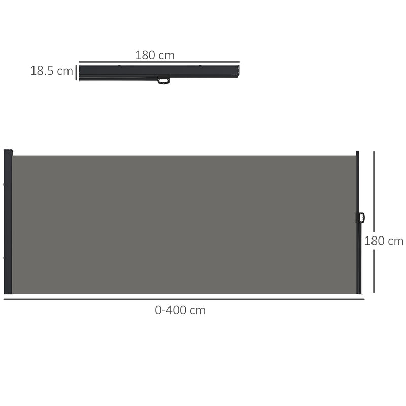 Dark Grey Retractable Garden Side Awning 400 x 180cm for Privacy on Patio or Balcony
