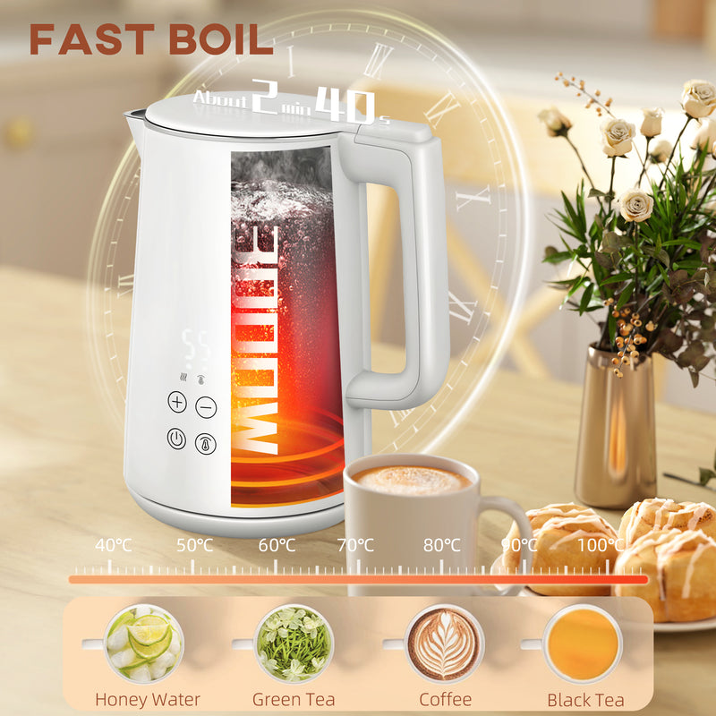 White 1.5L 3000W Rapid Boil Kettle and 2 Slice Toaster Set with 7 Browning Levels by HOMCOM