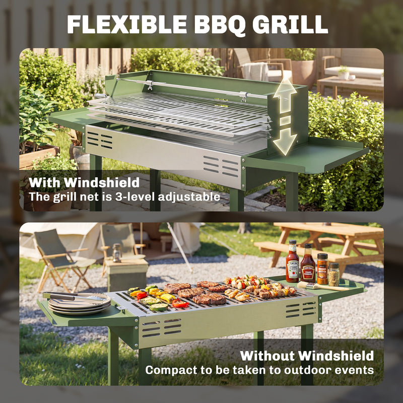 Charcoal BBQ Grill with Adjustable Rotisserie and Folding Shelves for Easy Outdoor Cooking Dark Green Outsunny