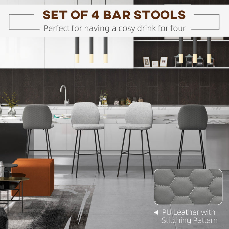 Set of 4 Upholstered Bar Stools with Backs Steel Legs for Kitchen or Dining Room Light Grey AOSOM