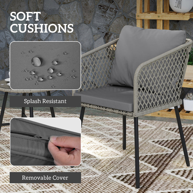 Grey 3 Piece Rattan Bistro Set with Cushions and Glass Table for Garden or Balcony by Outsunny