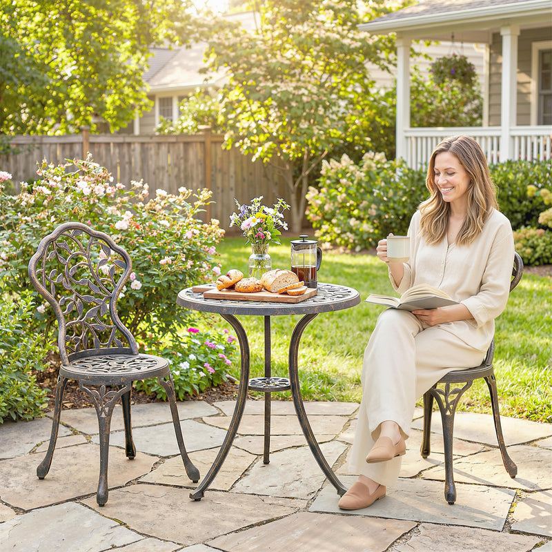 Aluminium Garden Bistro Set for Small Patios and Balconies with Leaf Design, Brown